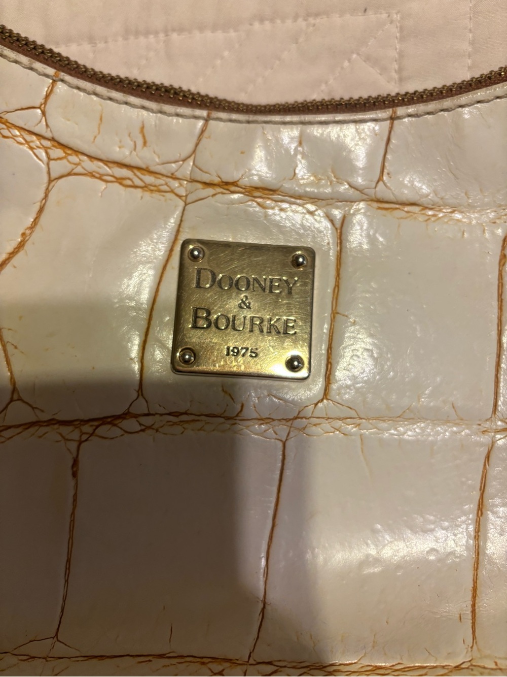 Dooney & Bourke Cream Croc-Embossed Shoulder Bag with Gold Plaque
